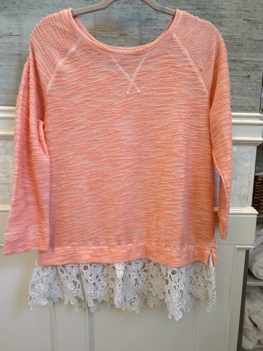 Anthropologie Sunday in Brooklyn lace hem sweater peach pull over top medium